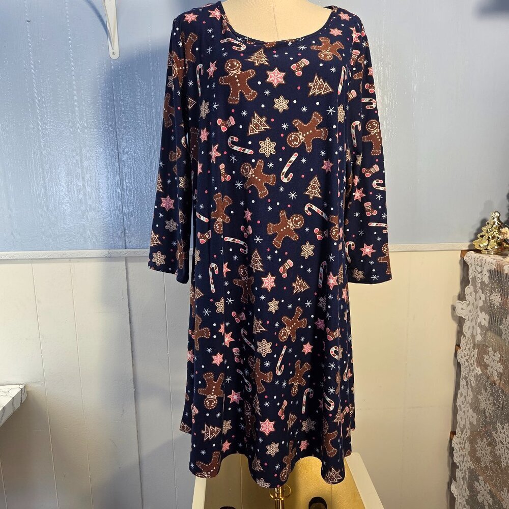 Unbranded Extra Large Navy Blue Holiday Gingerbread Men Longsleeve Midi Dress